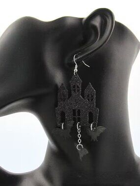 Halloween Gothic Woman's Spooky Halloween Castle Earrings w Bats